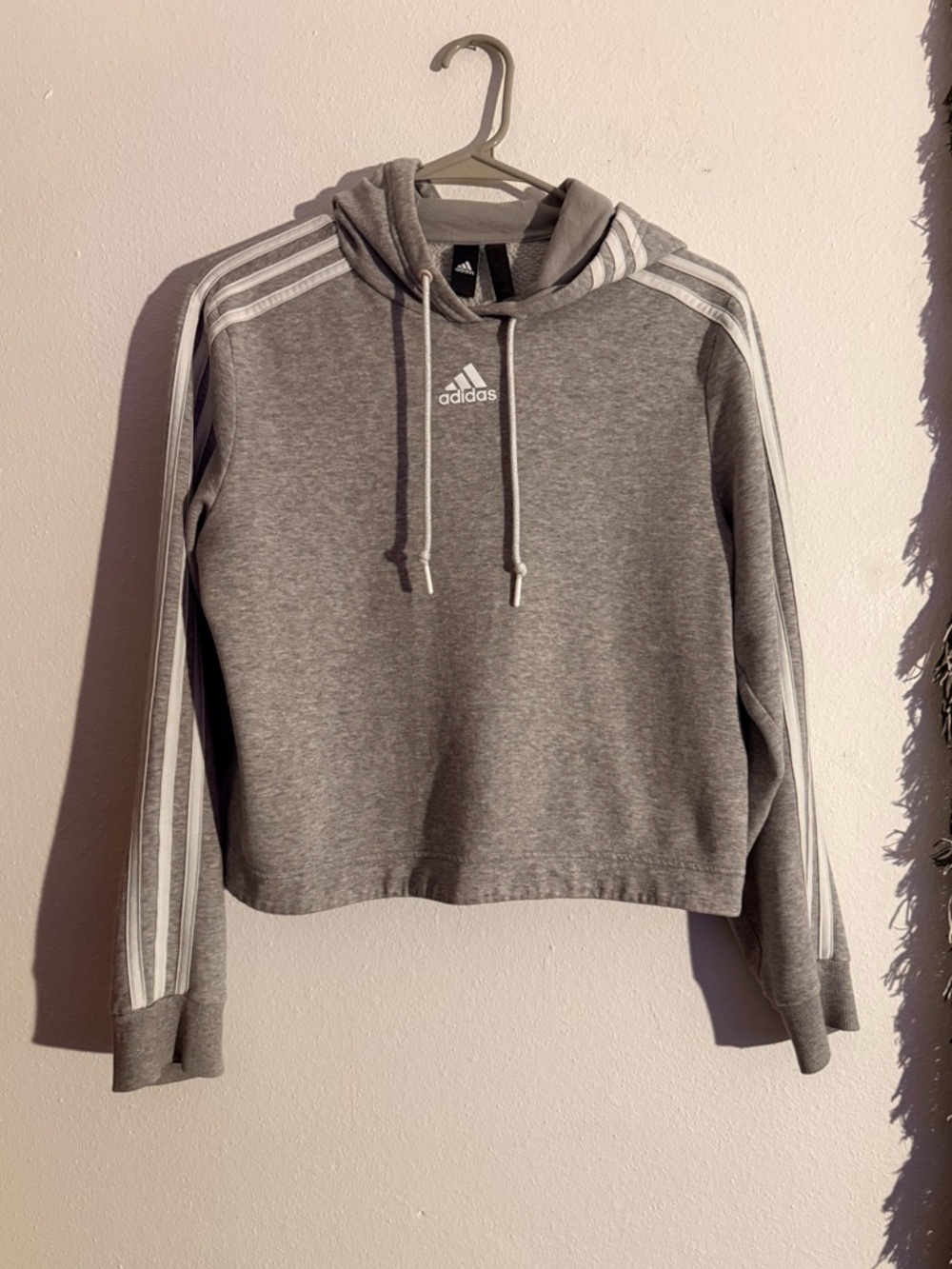 Adidas • Light Gray Cropped Hoodie with White Stripes • Women’s Small